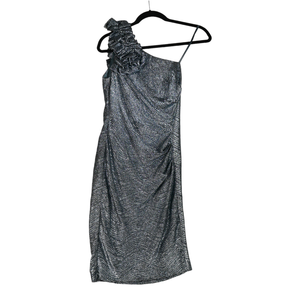 Hailey Adrianna Papell Dress Women Size 2 Blue Metallic 1 Shoulder Body Con Sexy